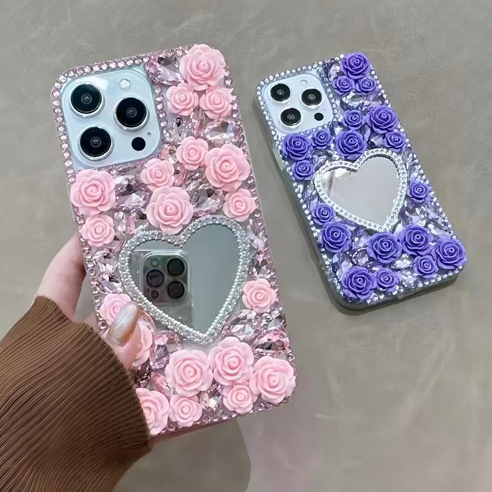 Glitter Rhinestone Phone Case with Heart Mirror and 3D Rose Flowers For Honor X60 Pro X50i X30 X50 X40 X30i 5G