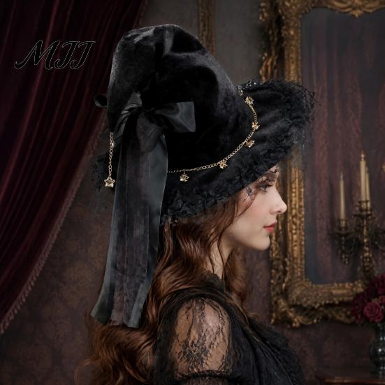 Durable Witch Hat for Party Women, Halloween Lace Wizard with Ribbon Bow, Black Decorations Home Mesh Veil Costume Accessory Adults, Fancy Dress,