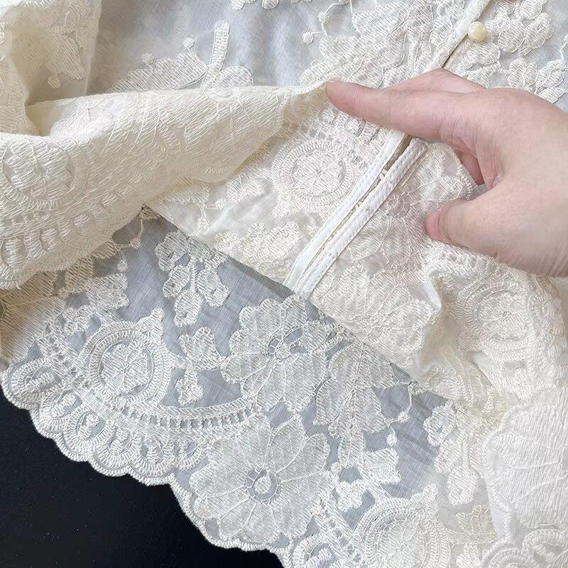 Semi-Transparent Lace Embroidered Women's Round Neck Blouse