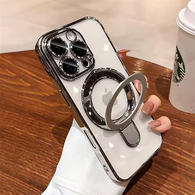 For Magsafe Bracket Plating Case For iPhone 17 16 15 13 14 Pro Max Plus Magnetic Stand Ring Holder Transparent Shockproof Cover