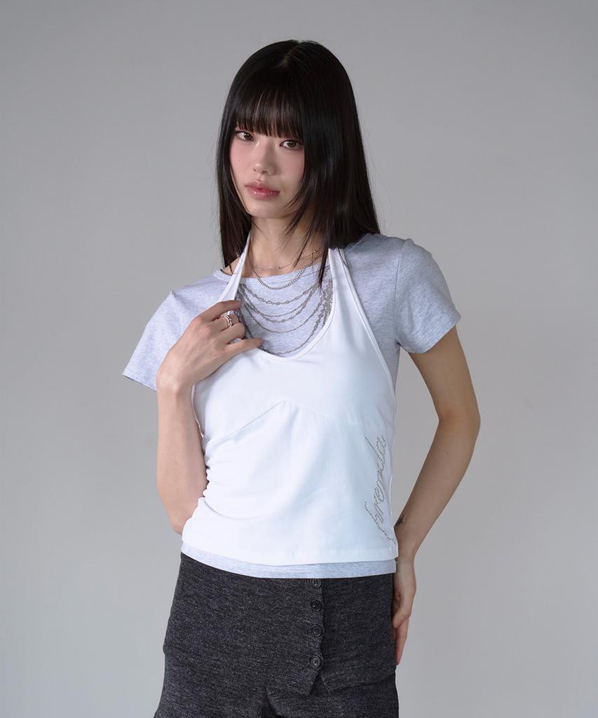 PRENDA Curved Layered Graphic Top White