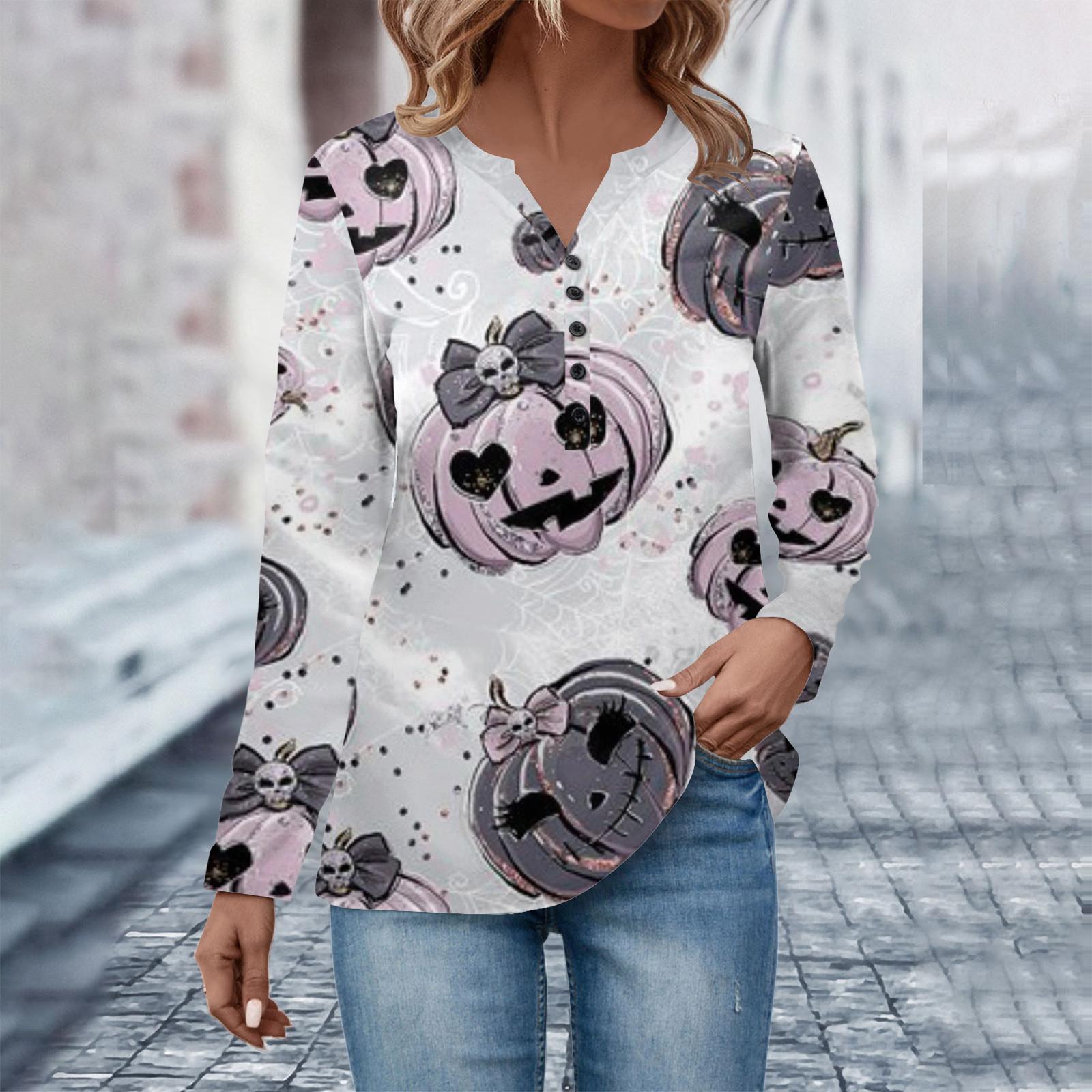 

Женские топы с воротником на пуговицах Женские повседневные топы на каждый день с длинным рукавом и V-образным вырезом Модные рубашки с принтом Топы Футболки на Хэллоуин Толстовки L светло-фиолетовый