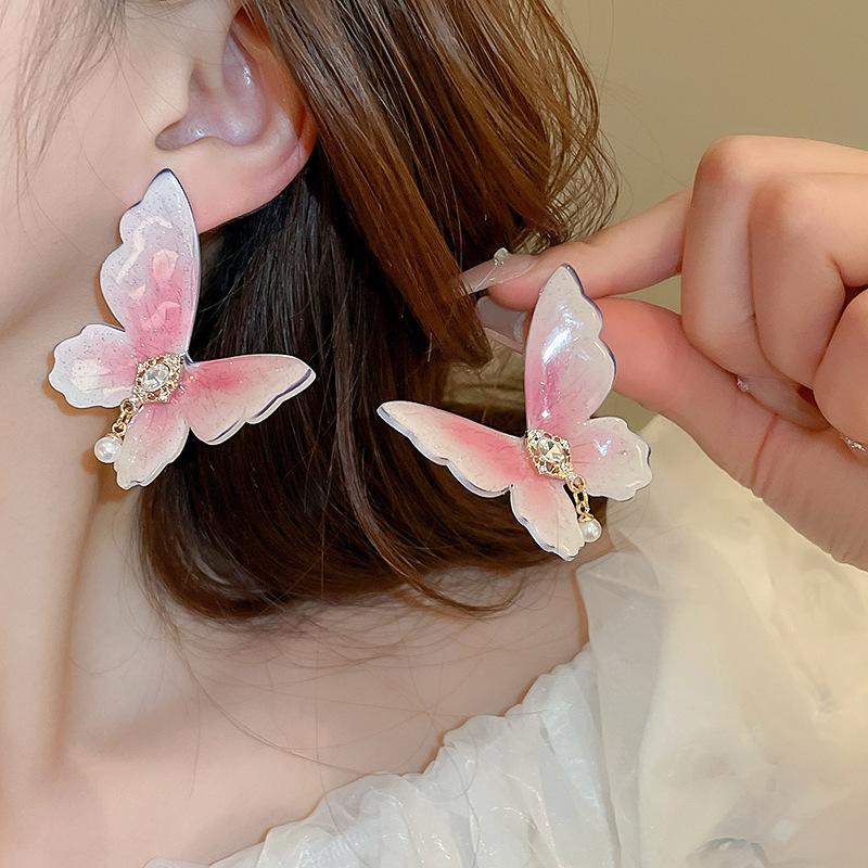 Silver Needle Flower Mesh Fringed Stud Earrings Fresh and Sweet Seaside Vacation Style Earrings Fashionable Versatile Atmosphere Earrings
