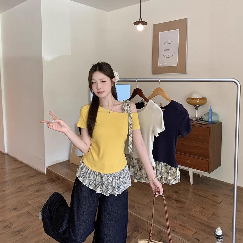 2026 Summer Plus Size Korean Off-the-Shoulder Plaid Tie-Up Short Sleeve Top 4XL