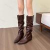 Women Long Boots 2026 Autumn Pointed Toe Leather Knee High Gladiator Fashion Retro Folds Female Flat Long Boots Botas De Mujer