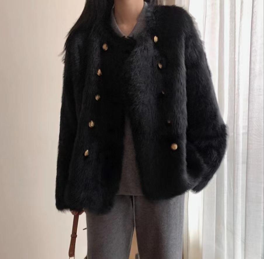 Autumn and winter Toka imitation fox fur integrated coat women's imitation lamb wool double-breasted imitation fur thickened coat