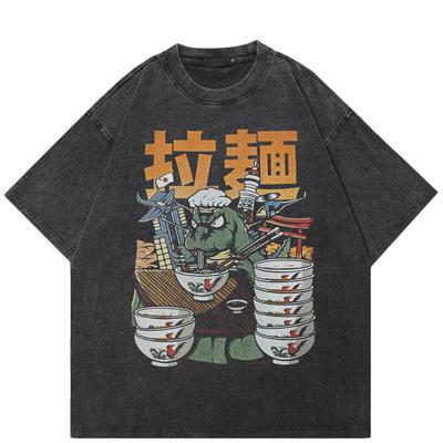 T-shirt Grafica Noodle Tirati a Mano Streetwear Cotone Nero Lavato Unisex Top Magliette Maniche Corte T-Shirt