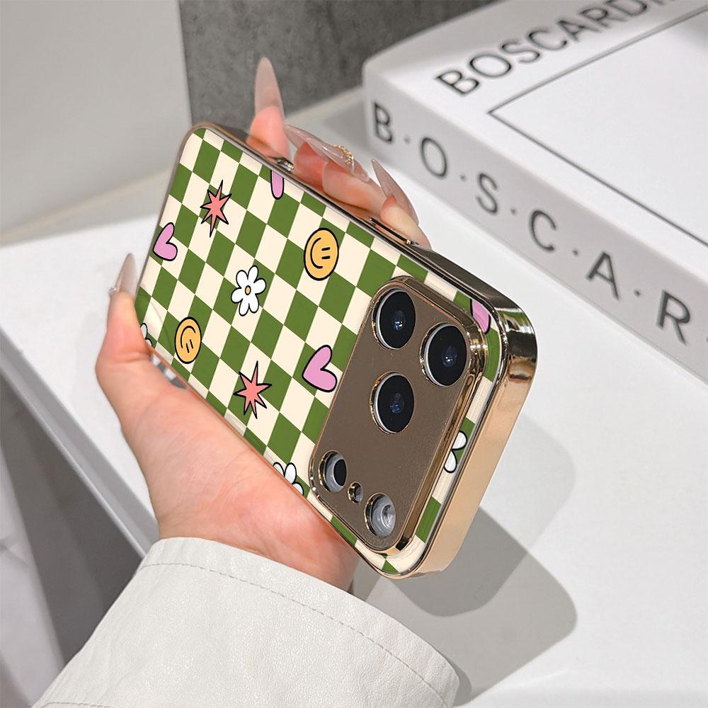 Lucky Start Phone Case For iPhone 17 16 15 14 13 12 11 Pro Max 16E Gold Electroplated Glass Shell  Checkerboard Cute Icons Cover