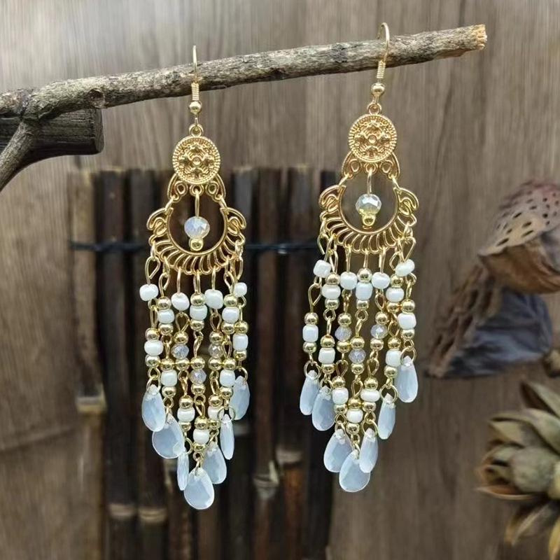 Bohemian Crystal Tassel Earrings - Ethnic Style, Slim Face, Exaggerated Design for Travel