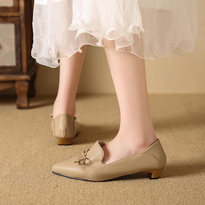 Móda Nové Jaro Pravá Kůže Dámské Boty Francouzské Retro Špičatá Špička Dámské Lodičky Mašle Mokasíny Boty pro Ženy Nízký Podpatek Dámské Boty