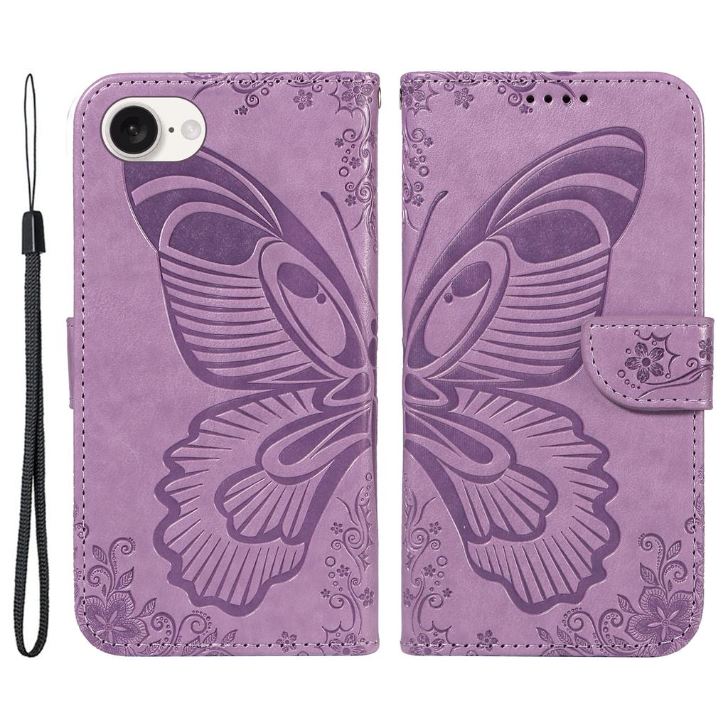 For iPhone 16e Case with Hand Strap Butterfly PU Leather Wallet Phone Cover