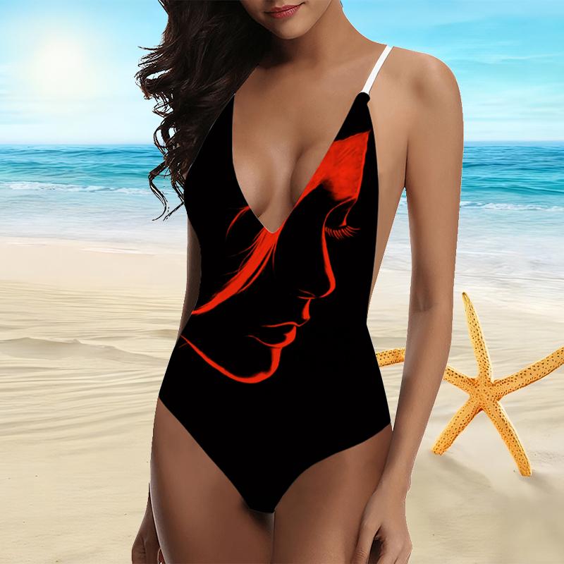 

Hot Selling and Popular Women s Fashionable Side Face Printed Camisole with Backless Swimsuit XXXXXL червоний