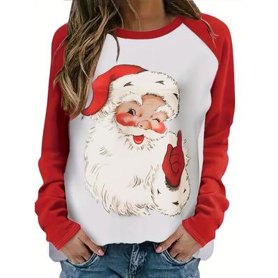 Christmas Santa Print Pullover Sweatshirt, Casual Raglan Sleeve Crew Neck Sweatshirt For Fall & Winter, Women's Clothing
