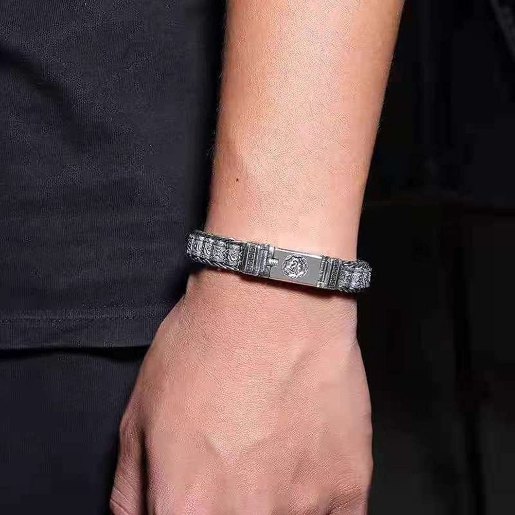Rockyu Silver Mantra Roller Bracelet with Chinese and Heart Sutra Protection from Good and Fashion Accessory Men's Hui-mo (Curve) Design, Six-Syllable