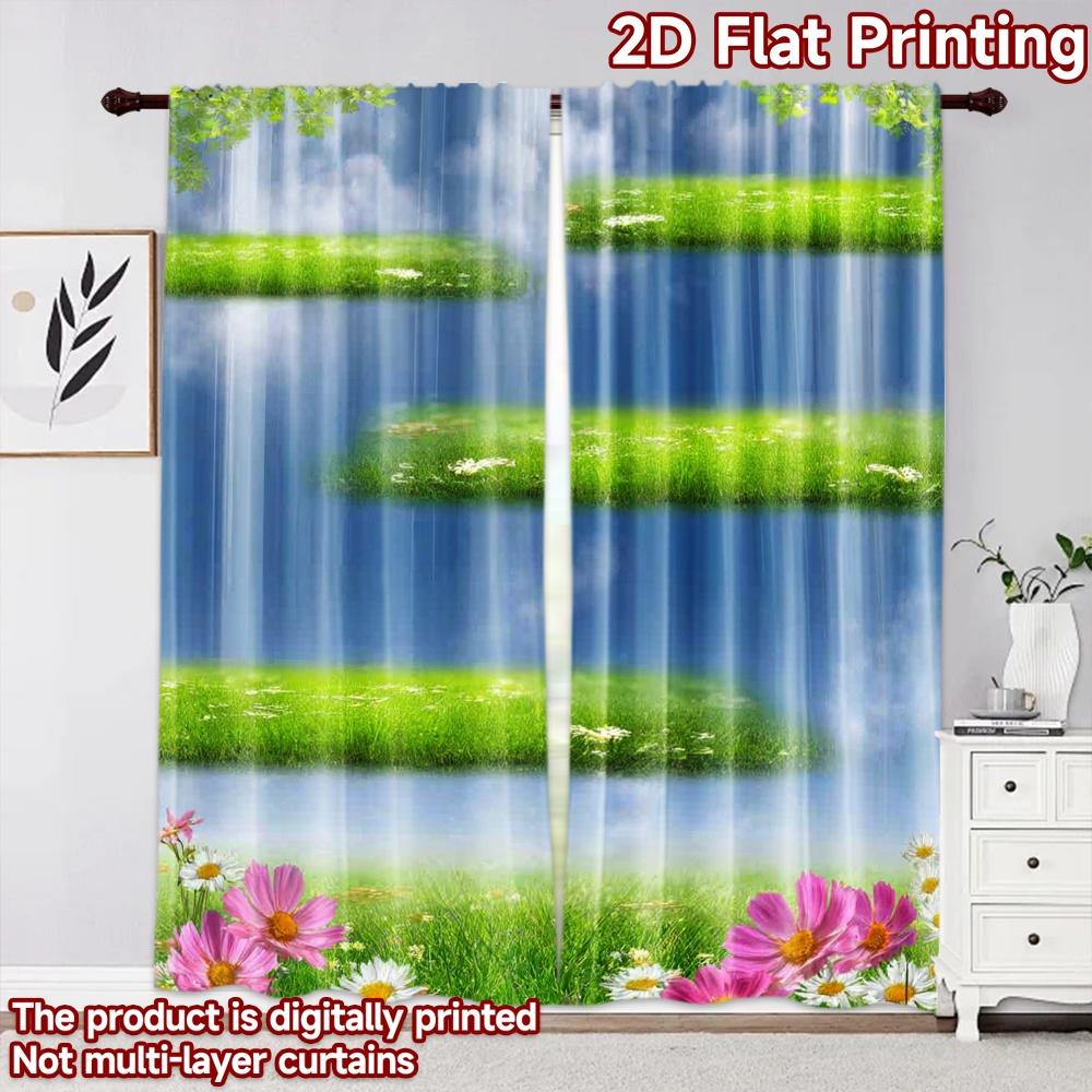 2D flat printing 2pcs Curtain Curtain Spring Floating Grass Layers Digital Printed Polyester Drapes Festive Wall Decor for