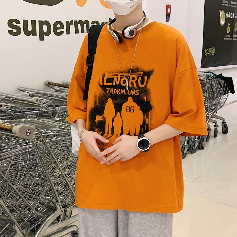 Short-Sleeved T-Shirt Men'S Trendy Half-Sleeved Men'S Top Loose Trendy Couple Five-Quarter-Sleeved Clothes