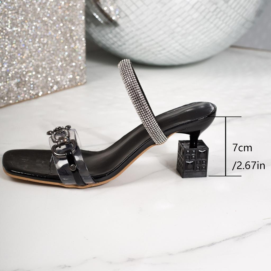Summer, Plus Size, Square Toe, Rhinestone, High-heeled Slippers, New Styles, Irregular Heels, Sandals, Women's