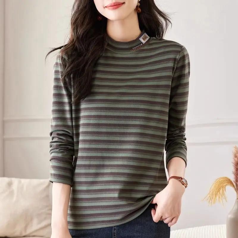 Nové tričko s polovičním vysokým límcem a dlouhým rukávem, termoprádlo, pruhované základní tričko z develvetu pro ženy na podzim a zimu