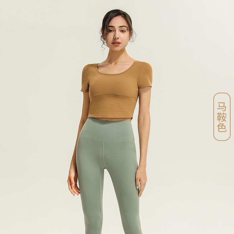 Temperament Naked with chest pad, beautiful back, short-sleeved T-shirt, women's sports running, yoga, dance, fitness tights
