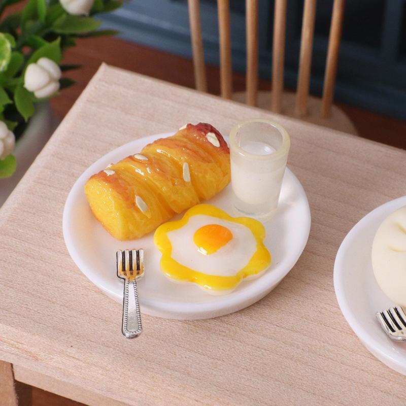 1/12 Dollhouse Simulation Breakfast Mini Steamed Buns Egg Bread Milk Model Dollhouse Kitchen Scene Decoration Pretend Play Toys