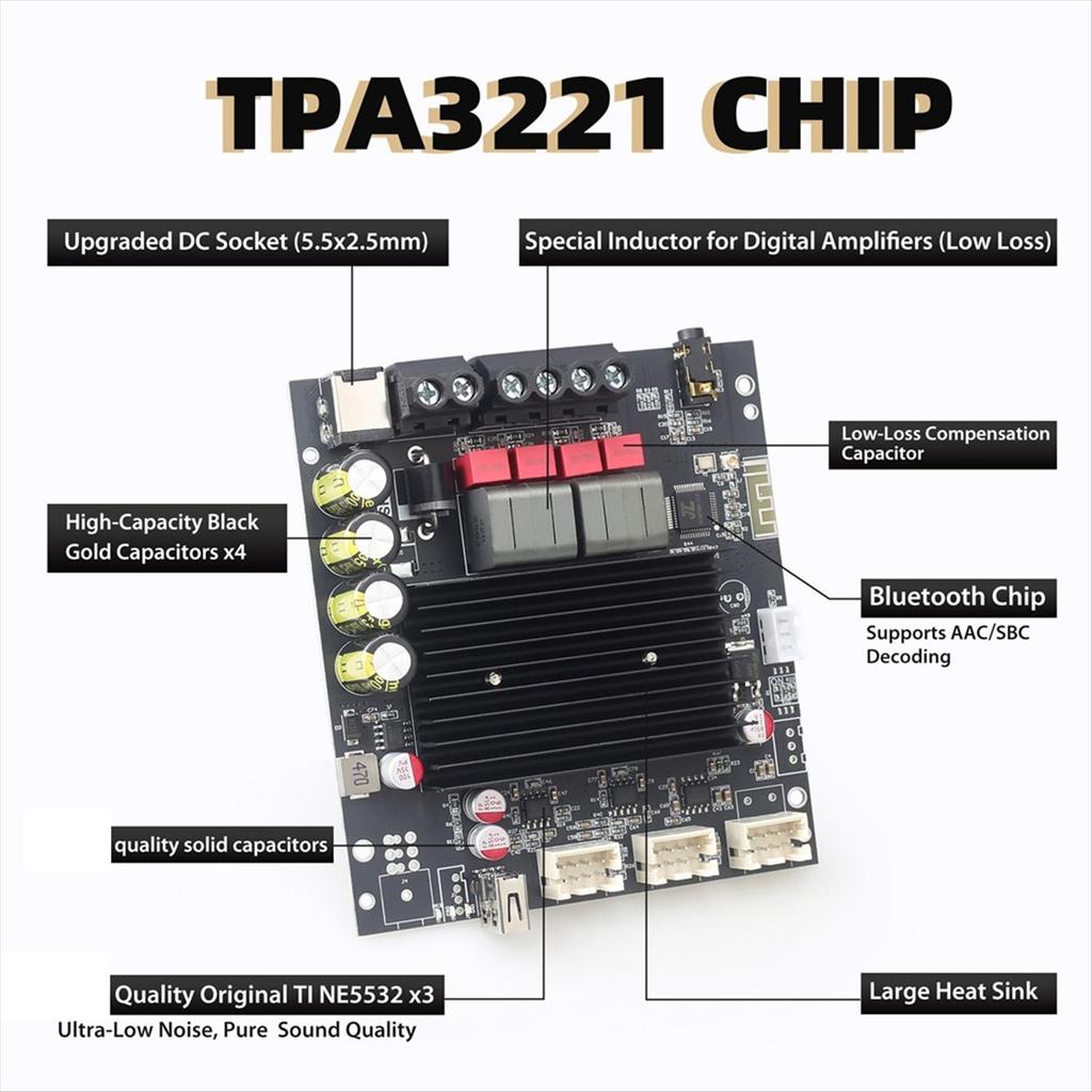 T100HS-W Power Amplifier Board Bluetooth5.2 TPA3221 Chip 2.0 Channel 100Wx2,Audio Power Amplifier with Front Panel