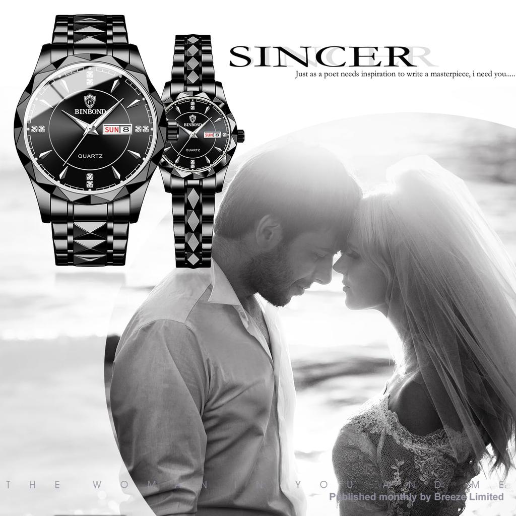 Uhr mit 3 ATM Wasserdichtigkeit, Leuchtzeigern, Analog, Edelstahl, Stilvoll, Quarz, Modeaccessoire, Perfektes Geschenk für oder Liebhaber, Herren, Kalender, Wasserdichtigkeit, Schwarzes Zifferblatt,