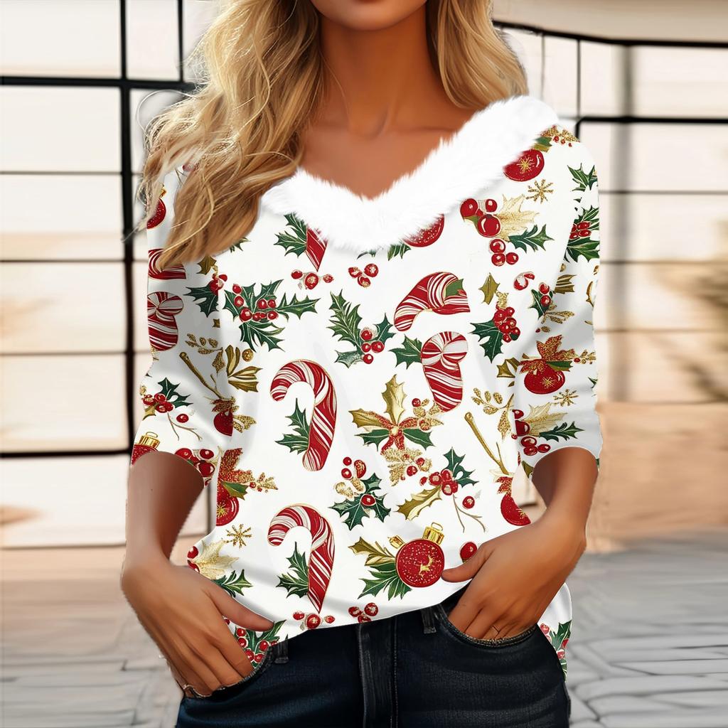Women's Fashion Long Sleeve Christmas Print Party Collar V-Neck Top