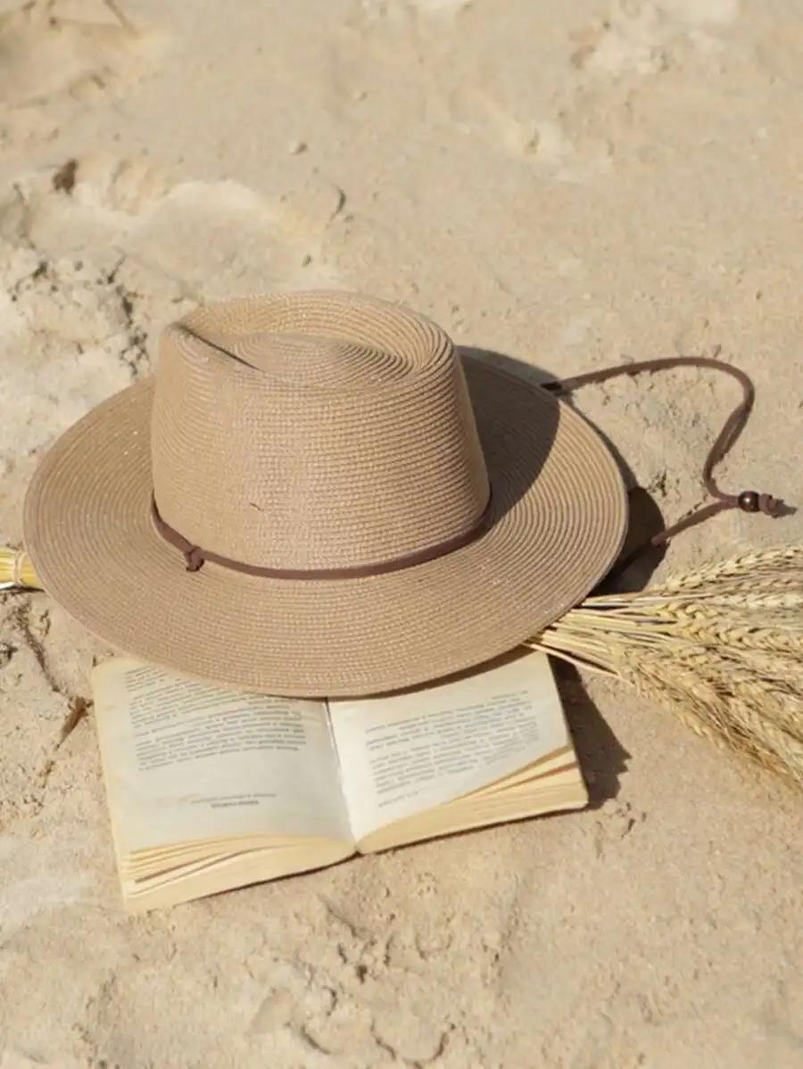 Zealous Sole Men's Black Wide Brim Straw Fedora Sun Hat With Wind Lanyard For Beach Summer Cm