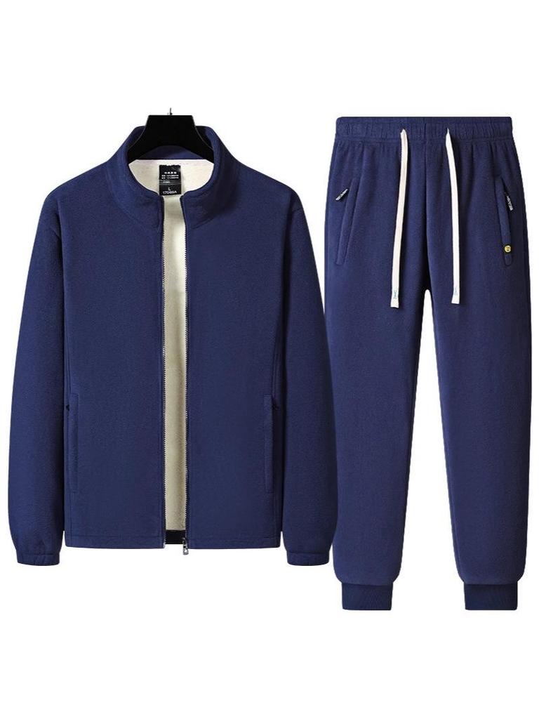 Men's Warm Winter Two-Piece Set: Stand-Collar Lambswool Fleece Jacket and Casual Pants.