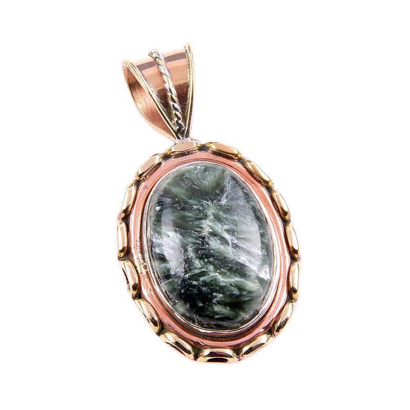 Natural Seraphinite Gemstone 925 Solid Sterling Silver TwoTone Pendant 1.5" J1j99