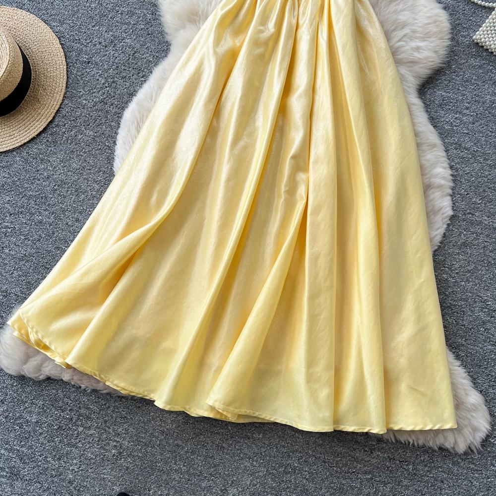Women's Elegant White Satin Long Dresses Wedding Guest Cocktail Evening Party Dress Square Neck Sleeveless Slim Long Dress