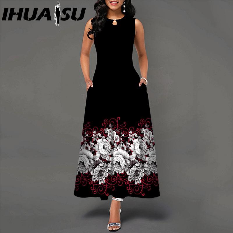 IHUASU 48 Farben Neues Damen Lockeres Vintage Blumenmuster Rüschenkleid Befree Kleid Großes Sommerparty Tanktops Elegante Maxikleider