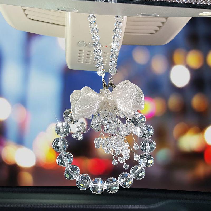 Bling Car Rearview Mirror Hanging Pearl Bow Ornaments Auto Creative Decoration Gifts Pearl Car Decoration Interior Accessories