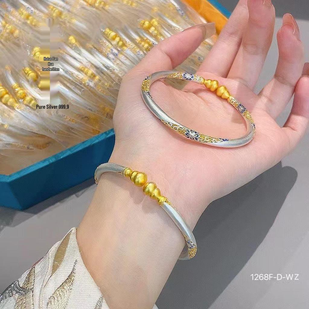 Gold Enamel & Sterling Silver Blooming Flowers Gourd Bangle - Versatile Gift for Girlfriend