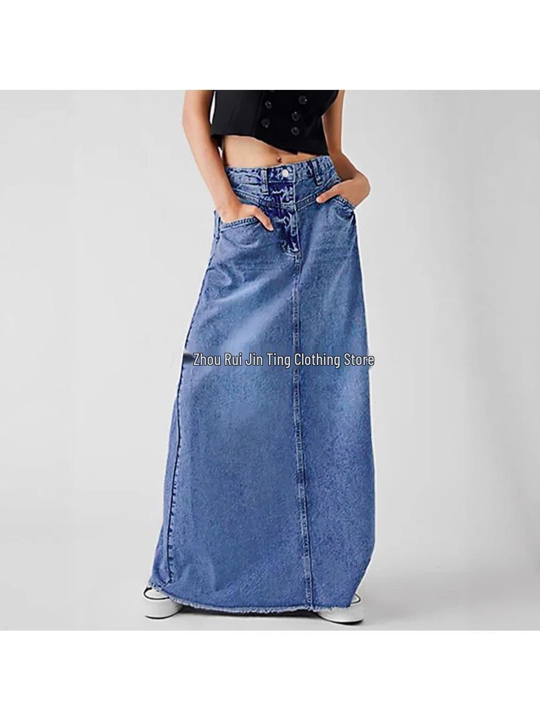 2025 Spring/Autumn High-Waisted Versatile A-Line Denim Midi Skirt with Slimming Fit Handcrafted Distressed