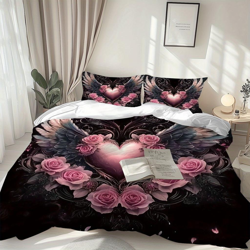 3Pcs Angel Wings And Roses Bedding Set, 1 Duvet Cover + 2 Pillowcases, Featuring A Heart-Shaped Design With Angel Wings