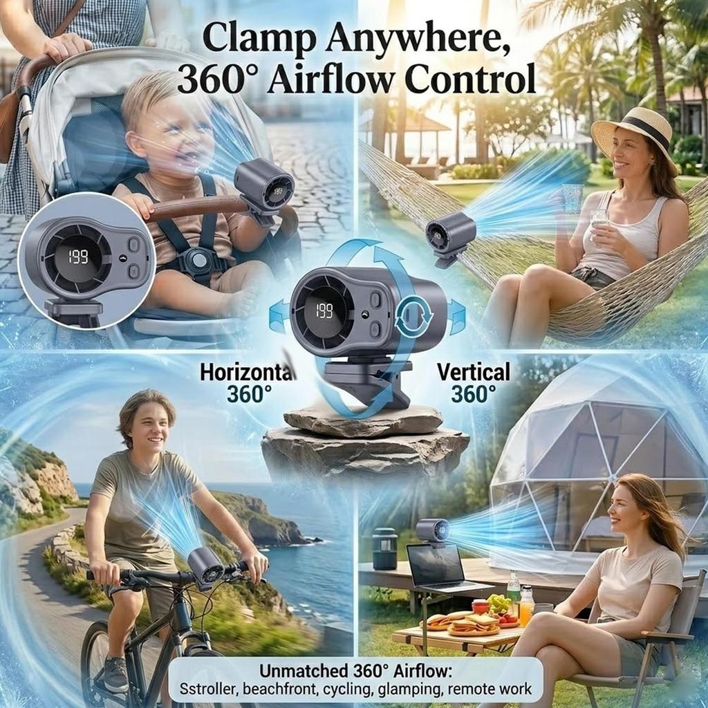 Clip-On Low Noise Mini Waist Fan with LED Display, Portable Cooling Fan for Outdoor Cycling Camping Travel, Hands-Free Breeze