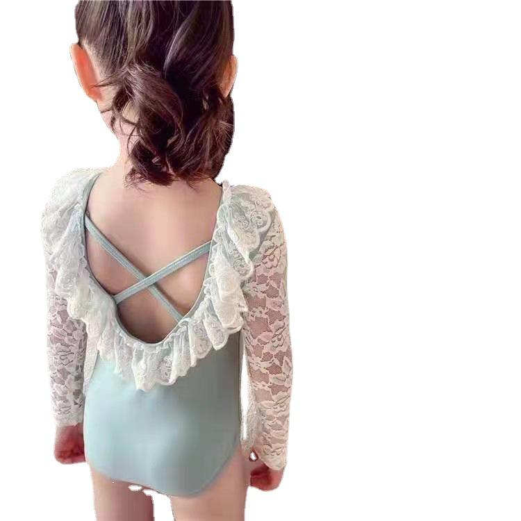 Trendy Girls' Long-Sleeve One-Piece Swimsuit with Korean Style Lace Ruffles