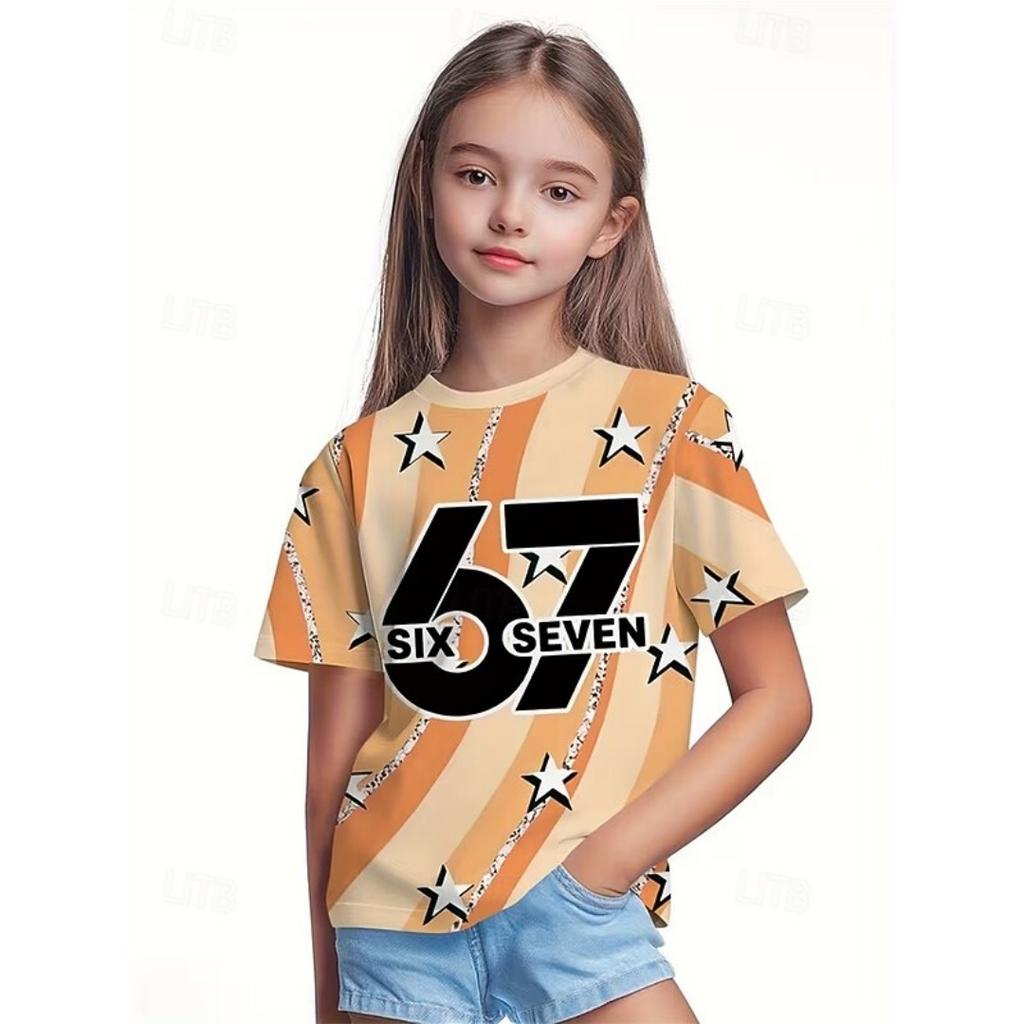 Fashion Girls Dreamy Cute 67 SIX SEVEN Print Kids T-Shirt Gradient 3D Digital Short Sleeve Tees Top Summer Casual Everyday Girl Clothing