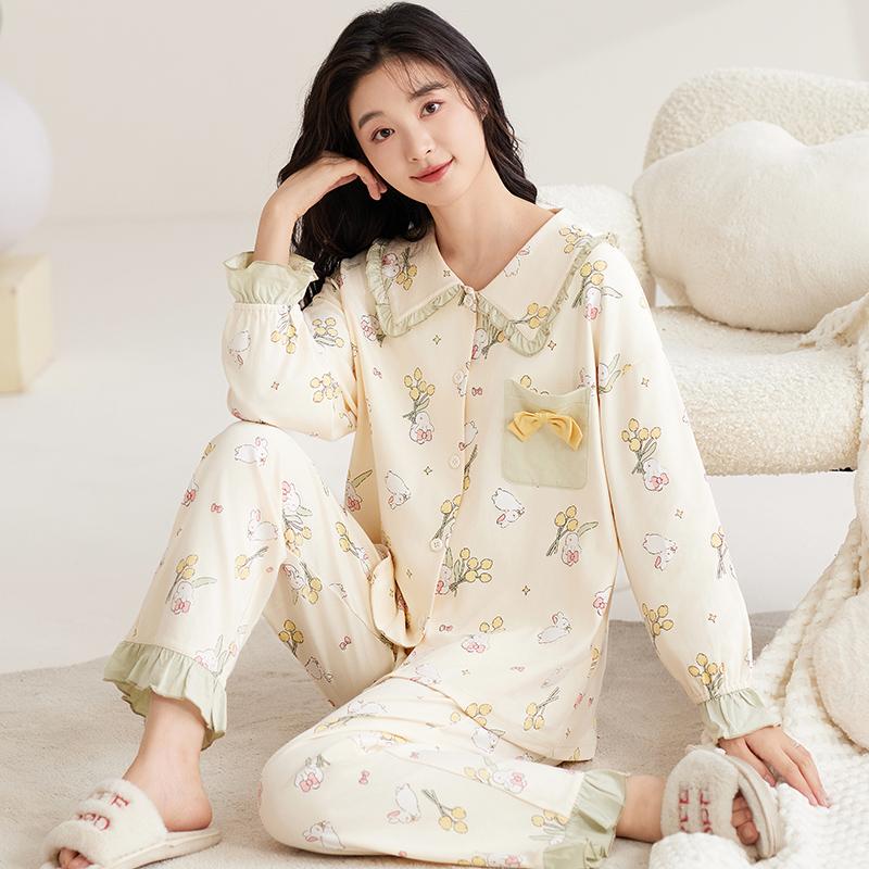 Dámská bavlněná pyžamová souprava Podzim Zima Límec na klopu Roztomilé noční prádlo Princeznovský styl Noční oblečení Dámské s dlouhým rukávem Domácí oblečení