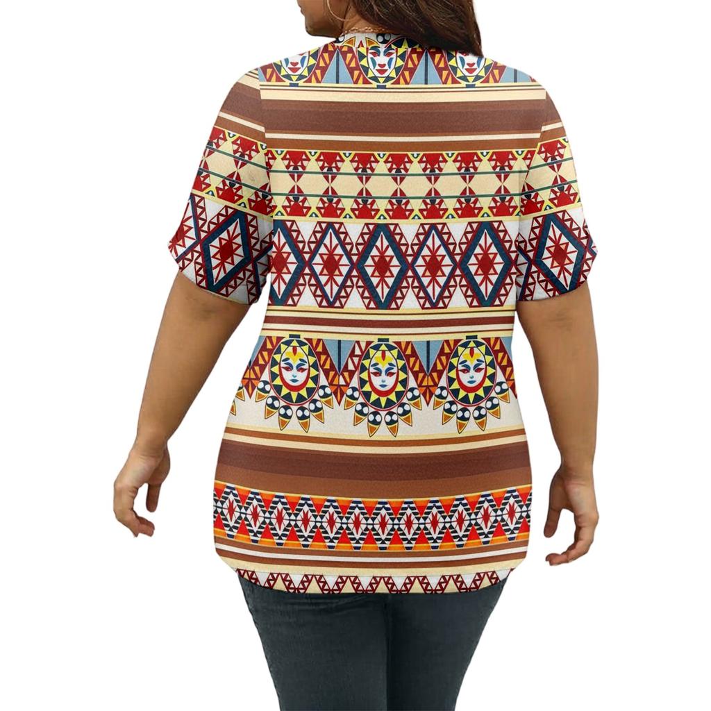 Women's Fashion Casual Printed V-Neck Short Sleeve Large Size T-Shirt Top