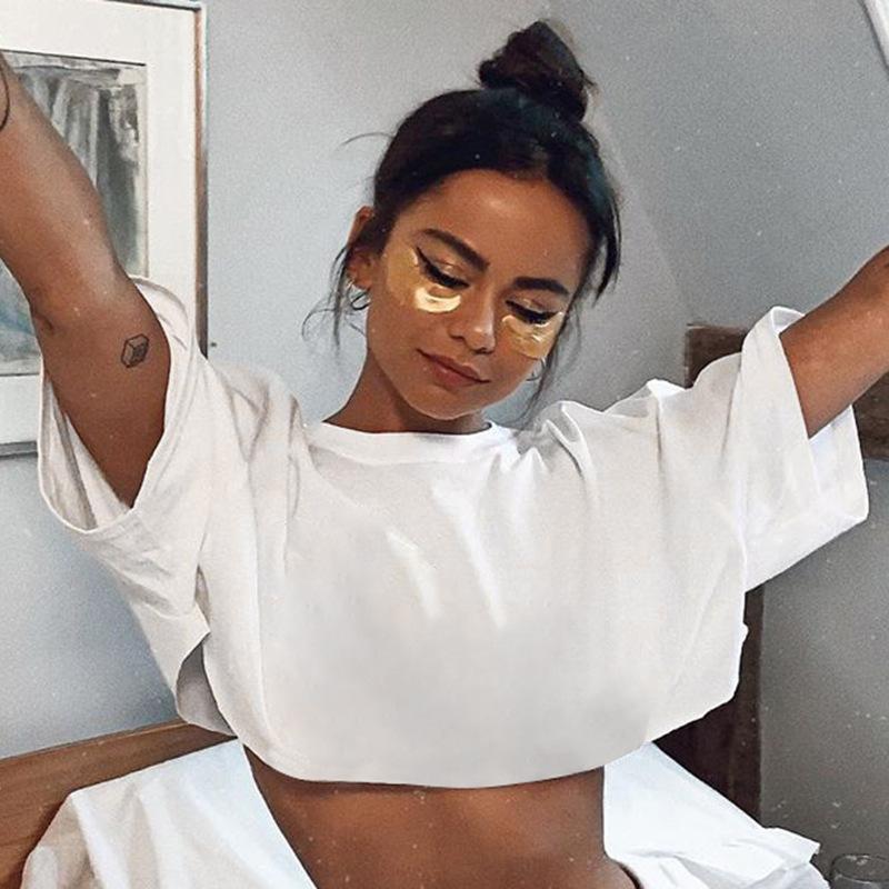 White Round Neck Women's Short Sleeve Shirt Cotton Stretch Crop Top T-shirts Street Clothes