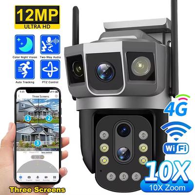 12MP Drei Bildschirme 4G/WiFi IP Kamera 10x Optischer Zoom PTZ Auto Tracking Farbe Nachtsicht Drahtlose Sicherheit Schutz Monitor
