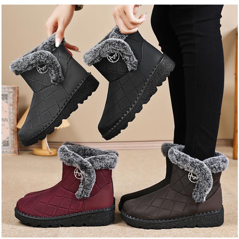 Women's PU Leather Snow Boots Autumn and Winter-Mid-calf Thickened Warm Lined Warm Comfortable Waterproof Fleece Boots