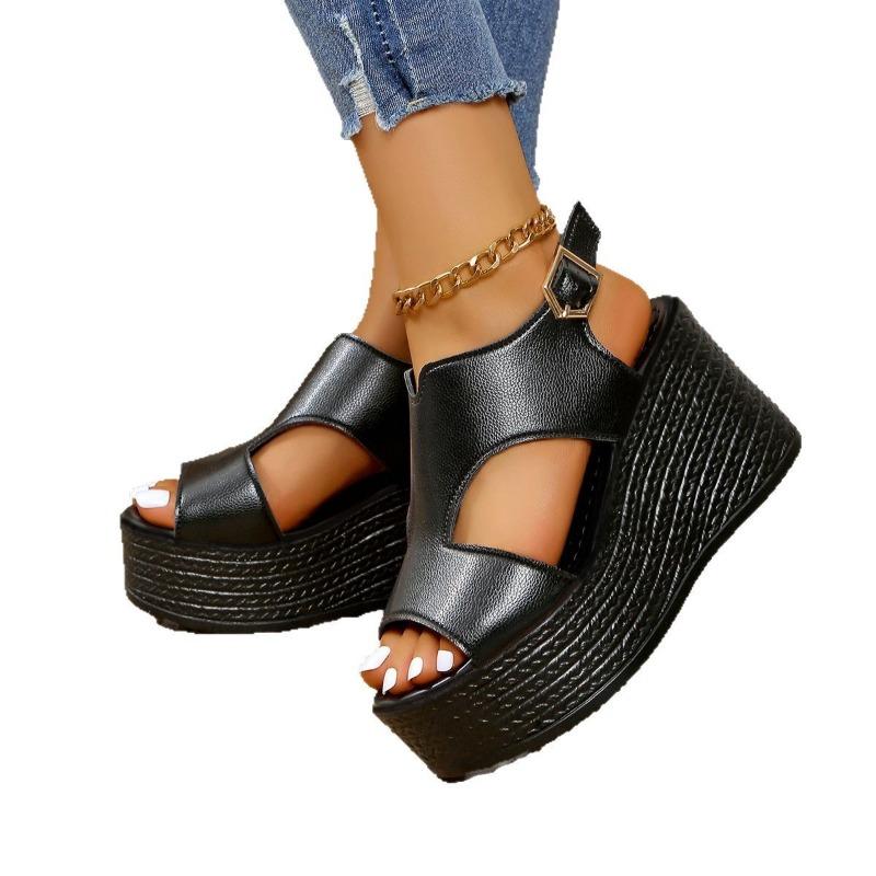 Ladies' summer new fish mouth large size wedge heel open toe buckle with wind high heel sandals women