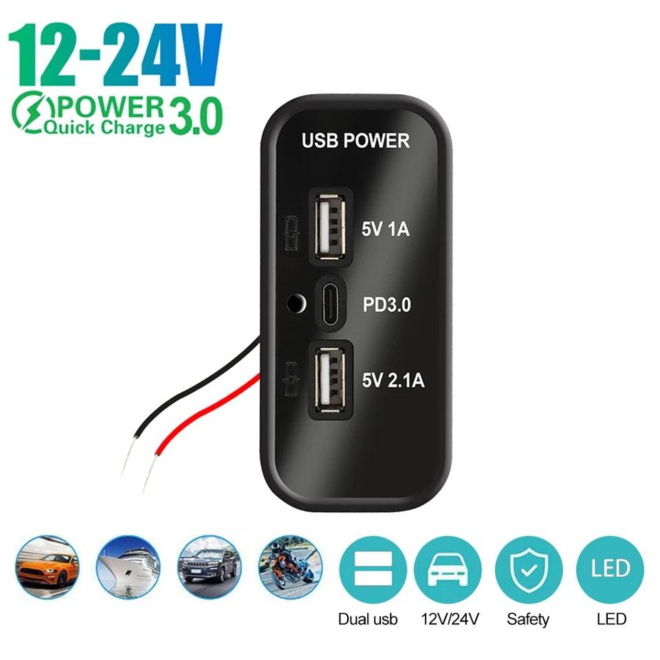35.5W 3 Ports PD Type-C 2.1A 1A Double USB Prise Chargeur de Voiture pour Moto Auto Camion VTT Bateau Camping-car Bus Adaptateur Secteur Sortie 12/24V