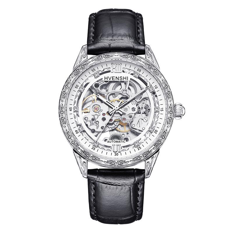Beliebte gravierte Leder leuchtende mechanische Herren-Automatik-Mechanikuhr Business-Uhr Mode High-End-Uhr