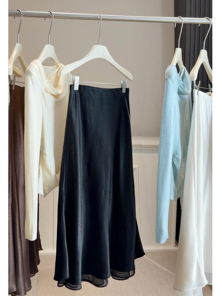 Hochwertiger Eleganter Damen-Netz-Satin-Meerjungfrauenrock - Frühling/Sommer Neuankunft Drapierter Hoher Bund A-Linie Midi-Rock