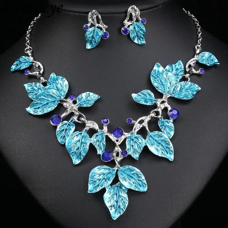 

Charm Draweye Leaf Rhinestones Jewelry Sets Hyperbole Retro Fashion Wedding Party Bridual Earrings for Women Elegant Aretes De Mujer