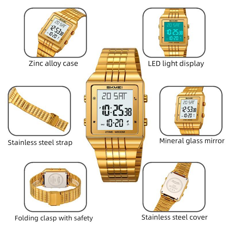 Skmei Luxury Digital Watches for Mens LED Waterproof Date Week Display Chronograph Fashion Dual Time Zones Bracelet Steel Watch